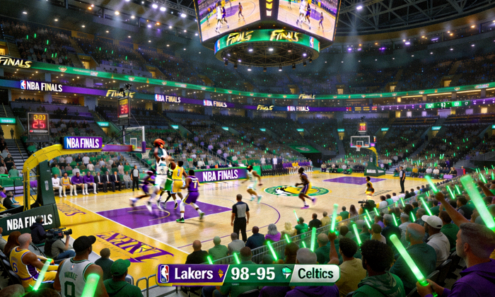 NBA总决赛现场，球员在球馆内激烈对抗，座无虚席的盛况